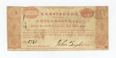 1837 25c The Corporation of Kensington - Philadelphia, PENNSYLVANIA Note - Image 1 of 2