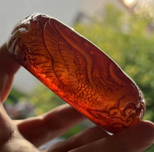 Vintage Chinese Bakelite Phoenix  Peony Amber Color Bangle Bracelet - Picture 1 of 17