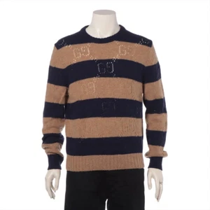 Gucci Perforated GG Pattern Stripe Knit Sweatshirt Brown x Navy Blue - Picture 1 of 8