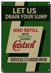 LGE A3 SIZE CASTROL LET US DRAIN YOUR SUMP 2 ENAMELLED METAL SIGN,RETRO,GARAGE - Picture 1 of 1