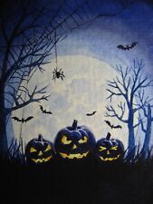 Painting Halloween Pumpkin Jack O Lantern Smile Spider Moon Night ACEO Art