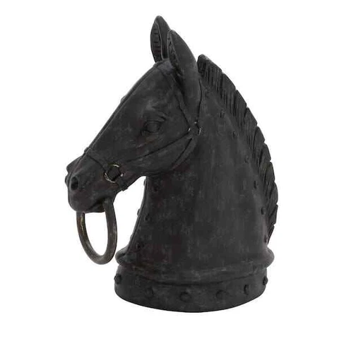 Black Polystone Antique Style Head Horse Sculpture With Hitching Post And Gold Cover