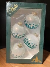 Vintage Krebs Green And White Snow Tree Scene Christmas Glitter 4 Ornaments