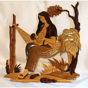 Handmade Intarsia Wooden Wall Art Mother's Love Mom Child Tropical Unique Decor - Picture 1 of 7