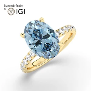 Oval Solitaire 18K Yellow Gold Vivid Blue Engagement Ring, 5.80 ct, Labgrown IGI - Picture 1 of 18