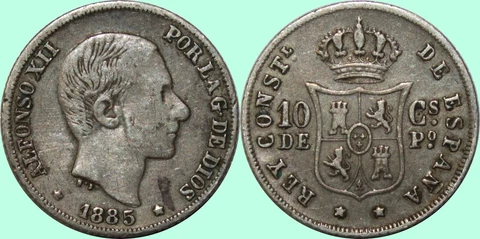 1885 Spain/Philippines 10 Centimos ~ VF Details ~ 83.5% Silver ~ KM#148 ~ X888 Cover