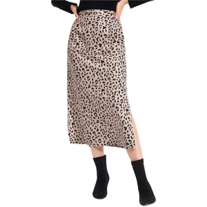 LYANER Leopard Print Midi Skirt High Waist Slit Black Beige Animal Print L - Picture 1 of 7