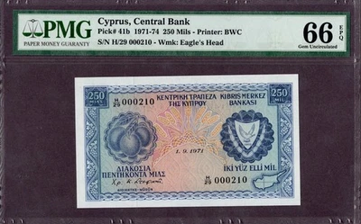 ZYPERN 250 MILS Banknote 1971 Zustand I UNC FDS  S/N H29/000210 P. 41B 66 EPQ - Bild 1 von 2