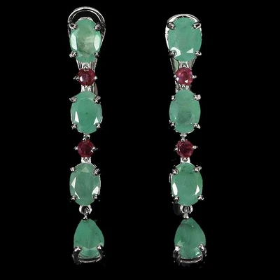 925 Sterling Silver Earrings Oval Emerald 7x5mm Ruby Natural Gemstone Jewelry - Image 1 of 4