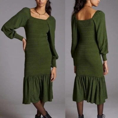 Vestido midi Anthropologie mangas abullonadas ajustado en verde musgo talla L Foto 1 de 4