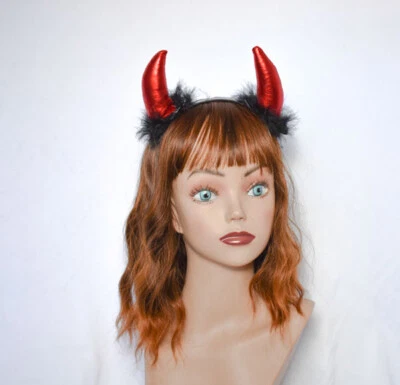 FUZZY RED DEVIL HORNS PLASTIC HEADBAND FOR COSTUME UNISEX - Image 1 of 4
