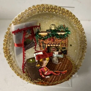 Vtg Large 5” SUGARED CHRISTMAS DIORAMA Girl Waiting For Santa By Fireplace Decor - Picture 1 of 15