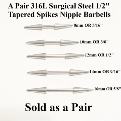 PAR de barras de pezón de 1/2" con púas cónicas de 14 g. Acero quirúrgico 316L. 5 longitudes. Foto 1 de 4