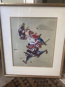 Vintage japanischer SAMURAI KRIEGER im Kampf GEMÄLDE auf Seide SIGNIERT gerahmt - Bild 1 von 12