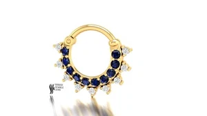 14K SOLID GOLD BLUE SAPPHIRE NOSE SEPTUM RING WITH DIAMONDS - Picture 1 of 8