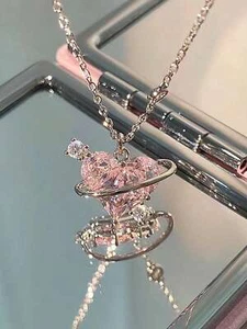 1pc Pink heart Planet Pendant Necklace For Women Dainty Necklace Elegant Jewelry - Picture 1 of 3