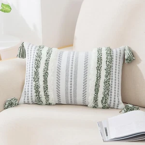 Decorative Boho Throw Pillow Cover 12X20, Lumbar Accent Neutral Textured Tufted - Picture 1 of 12