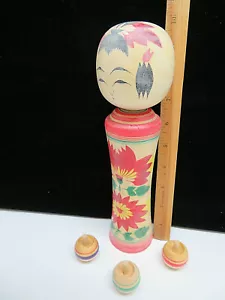 Vintage Large Japanese Wood Kokeshi Doll w/ 3 Tops - Picture 1 of 7