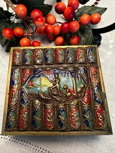 VINTAGE CLOISONNE BRASS TRINKET / CIGARETTE BOX w/ HINGED LID - FISHING - CHINA - Picture 1 of 6