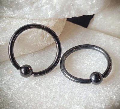 PAIR Fixed Ball Black Captive Bead Rings Nipple, Helix, Tragus, Septum Piercings - Image 1 of 4