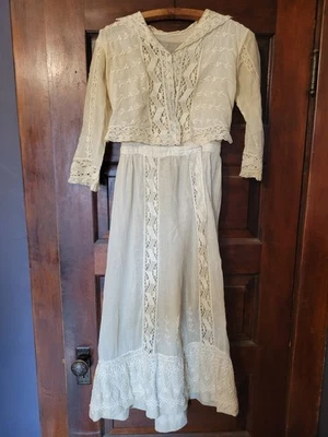 Edwardian Lace Crochet Embroidered Antique Filet Womens Dress Ivory - Image 1 of 4