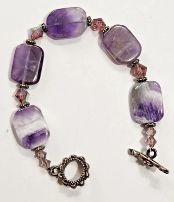 Pulsera artesanal de amatista natural y cuentas de cristal tono plateado Art Nouveau retro Foto 1 de 4