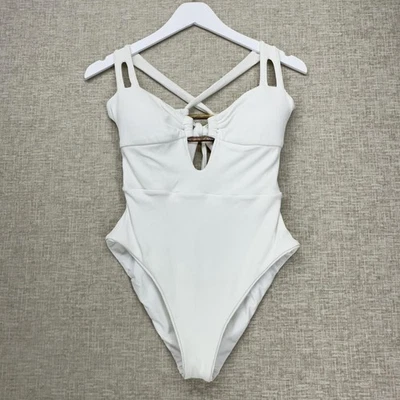Traje de baño BECCA by Rebecca Virtue para mujer grande blanco de una pieza acanalada ojo de cerradura corbata Foto 1 de 4