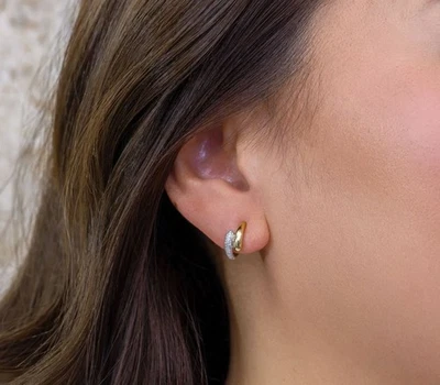 Diamond Huggie Earrings 14K Two Tone Gold Pave Set Claw Semi Huggies Natural - Image 1 of 3