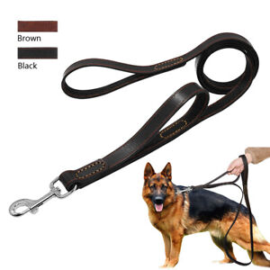 Genuine Leather Dog Leash with Dual 2 Handles Heavy Duty Training Lead Control