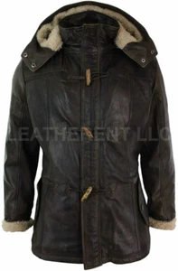 Mens Brown Duffle Over Coat Trench Hooded Long Genuine Sheepskin Leather Jacket - Picture 1 of 4