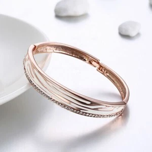Womens Rose Gold Filled Elegant Micro Pave CZ Bangle Bracelet #DB07 - Picture 1 of 7