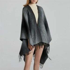 Women Faux Wool Shawl Tassel Scarf Warm Thick Long Wrap Gradient Poncho Coat Top - Picture 1 of 18