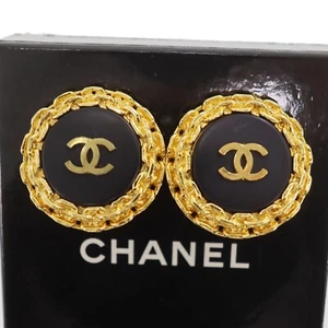 CHANEL CC Logos Used Earrings Gold Black Clip-On 29 France #CH197 S - Picture 1 of 13