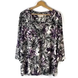 Top blusa donna Alfred Dunner taglia 2X grigio floreale perline plissettato manica 3/4 - Foto 1 di 11
