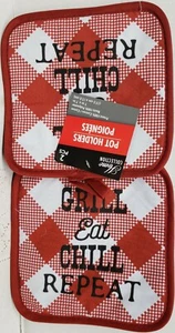 2 Same Kitchen Pot Holders (7"x7') BBQ,GRILL,EAT,CHILL,REPEAT,with gray back, GR - Picture 1 of 8
