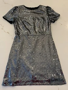 NEW Ann Taylor Silver Sequin Mini Cocktail Sheath Dress Size 8 Short Puff Sleeve - Picture 1 of 16