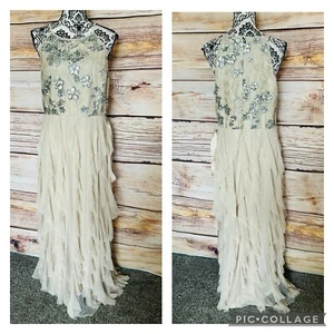 Lovely Grace Women’s Beige High Neck Sequin Embroidered Tulle Flowy Maxi Dress - Picture 1 of 17