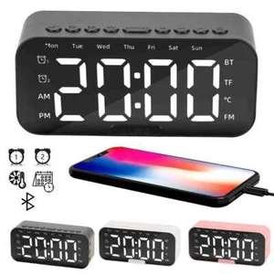Digital Alarm Clock FM Radio Wireless Bluetooth Mirror LED With Speaker Portable - Picture 1 of 15