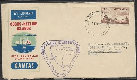 COCOS ISLANDS 1954 FIRST DAY SERVICE  2/ ON COVER TO USA  FVF Cover