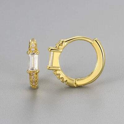 Women Girl Silver Gold Plated Tiny Round Huggie Hoop Earrings Square CZ 11mm A4 - Image 1 of 4