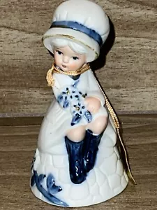 Vintage Jasco White Blue Ceramic Bell Girl Woman Sitting Bonnet Christmas - Picture 1 of 6