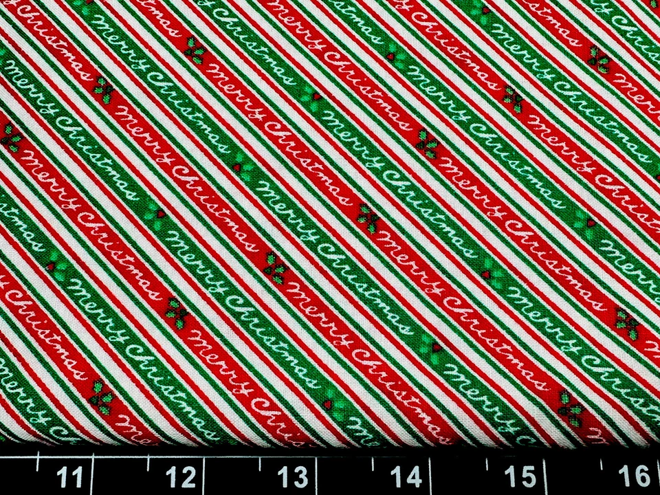 Tina Scrap 9"x21" MERRY CHRISTMAS HOLIDAY Stripe word Ribbon Holly COTTON Fabric - Image 1 of 1