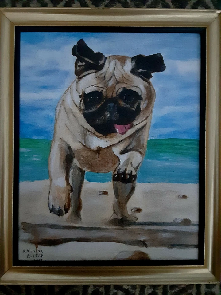 Pintura Katrina Bittar "Running Pug" 8"x 10" Acílico sobre Placa con Marco Foto 1 de 1