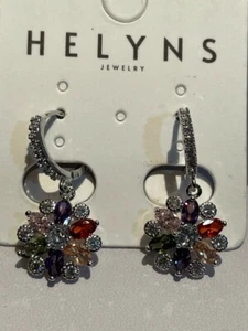 Coppia di orecchini color argento cerchio pendente fiore pietre multicolor 0021 - Foto 1 di 3