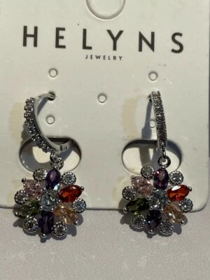 Coppia di orecchini color argento cerchio pendente fiore pietre multicolor 0021 - Immagine 1 di 3