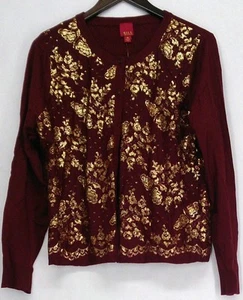 NEW Large G.I.L.I. Lace Cardigan Sweater Metallic Floral Print Burgundy Wine Red - Picture 1 of 10