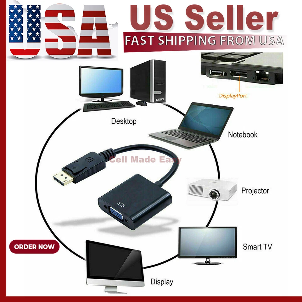 Display Port  DP to VGA Adapter Cable cord 1080P for laptop desktop Game Monitor - Image 1 of 4