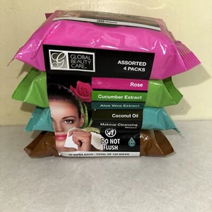 4 PACK Makeup Cleansing Wipes Global Beauty Care ROSE CUCUMBER COCONUT Aloe Vera - Picture 1 of 5