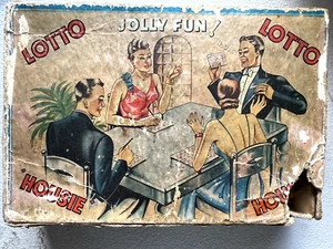 Vintage 'Jolly Fun' Lotto Housie Game in Box w/ Wooden Numbers Flawed - c1930's - Picture 1 of 6