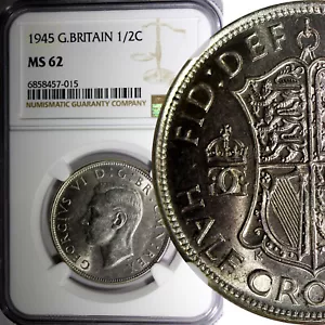 Great Britain George VI Silver 1945 1/2 Crown NGC MS62 32.3 mm KM# 856 (15) - Picture 1 of 5